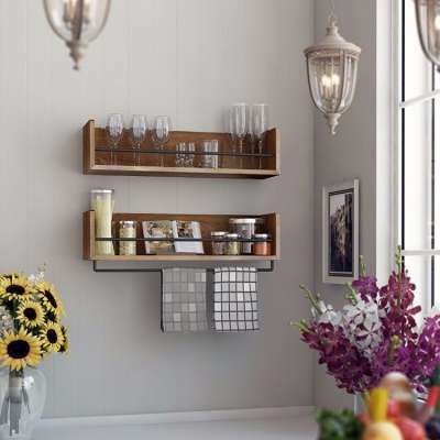 Classic Wood Wall Shelf with Metal Rail in kitchen