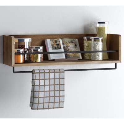 Rustic Kitchen Wood Wall Shelf with Metal Rail