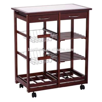 4-tier Rolling Wood Kitchen Trolley Cart Storage With Drawers Dining Portable Stand