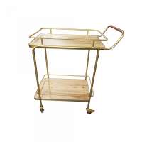 Luxurious Handing Wood And Gold Metal Bar Cart, Kitchen Trolley Cart With Lockable Casters